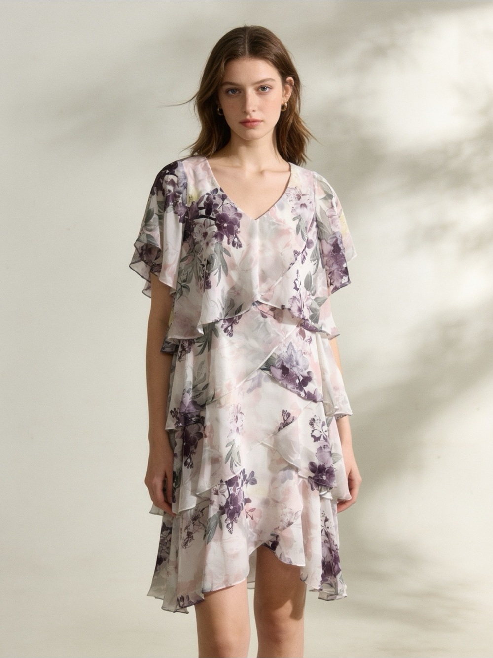 SLNY Floral Chiffon Tiered Ruffle Dress Size 10 Purple Pink Wedding Guest